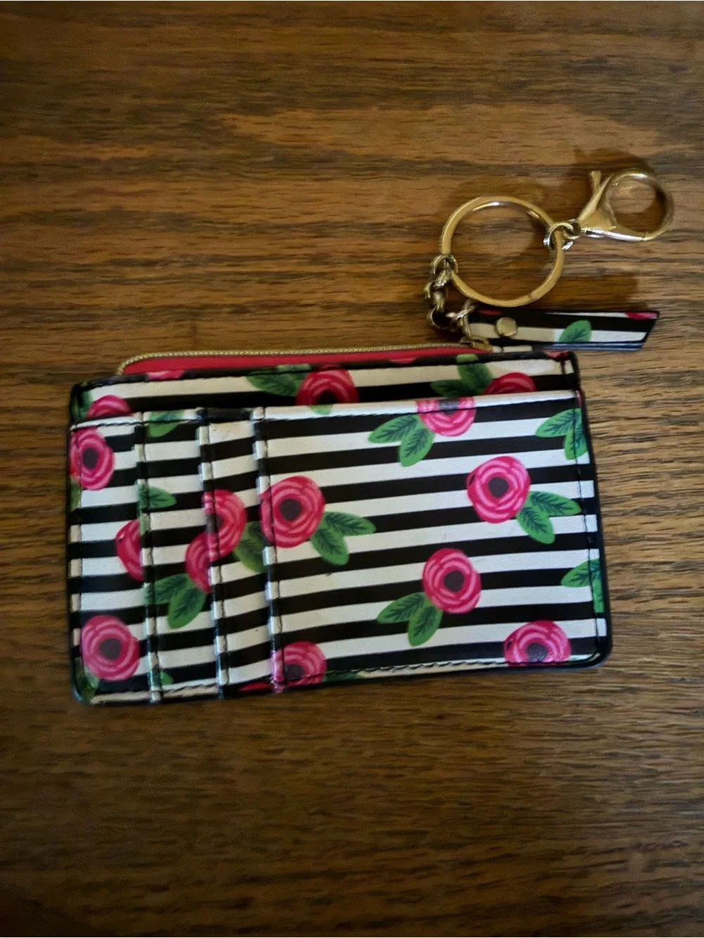 Floral Stripe Card Holder / Wallet with Keyring Pink Roses. Betsy J DUPE